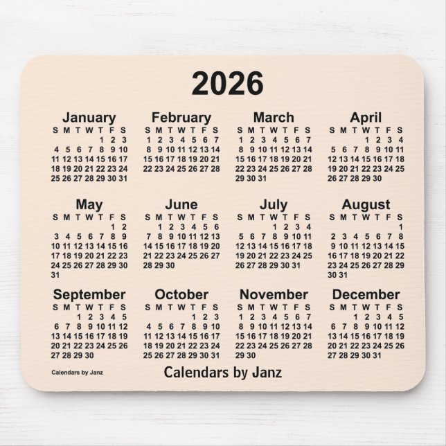 Mousepad Calendário branco antigo de 2026 por Janz Mouse Pa (Frente)