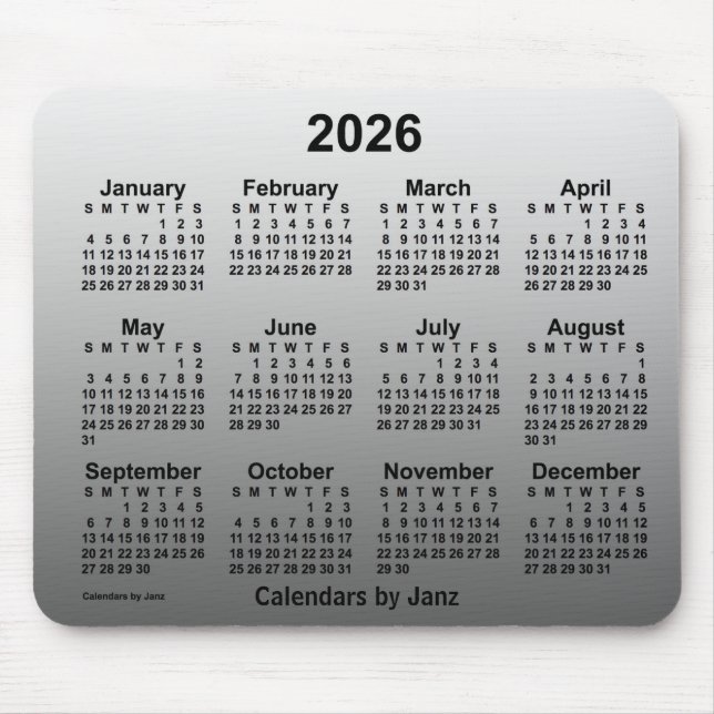 Mousepad Calendário Branco apagado de 2026 pelo Painel de M (Frente)