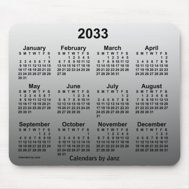 Mousepad Calendário Branco apagado de 2033 por Janz (Frente)