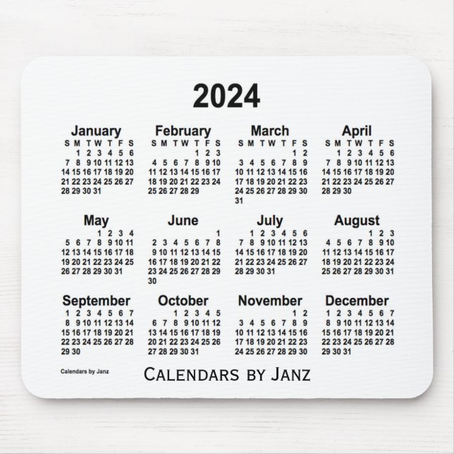 Mousepad Calendário branco de 2024 pelo Painel do mouse Jan (Frente)