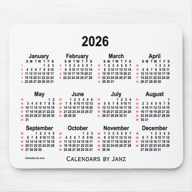 Mousepad Calendário branco de 2026 de 52 semanas por Janz (Frente)