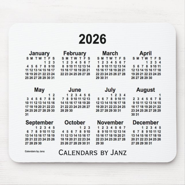 Mousepad Calendário branco de 2026 pelo Painel do mouse Jan (Frente)