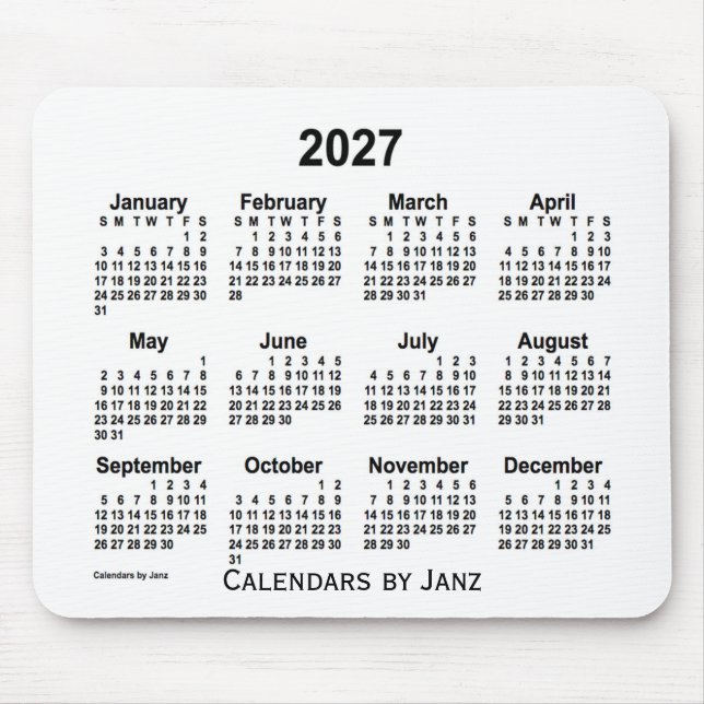 Mousepad Calendário Branco de 2027 pelo Painel do Mouse Jan (Frente)