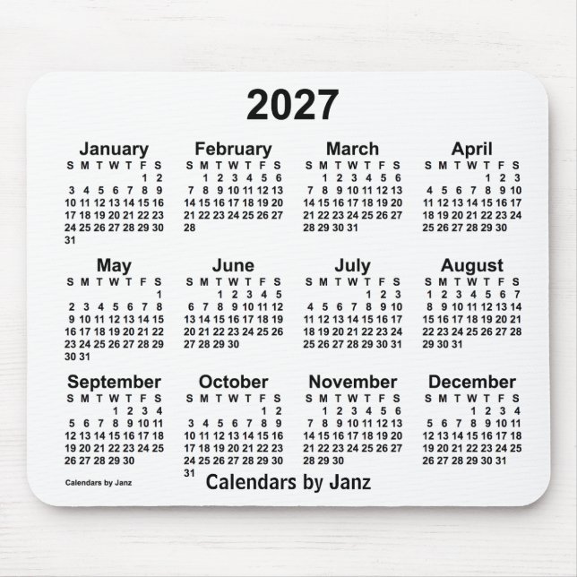 Mousepad Calendário Branco de 2027 pelo Painel do Mouse Jan (Frente)