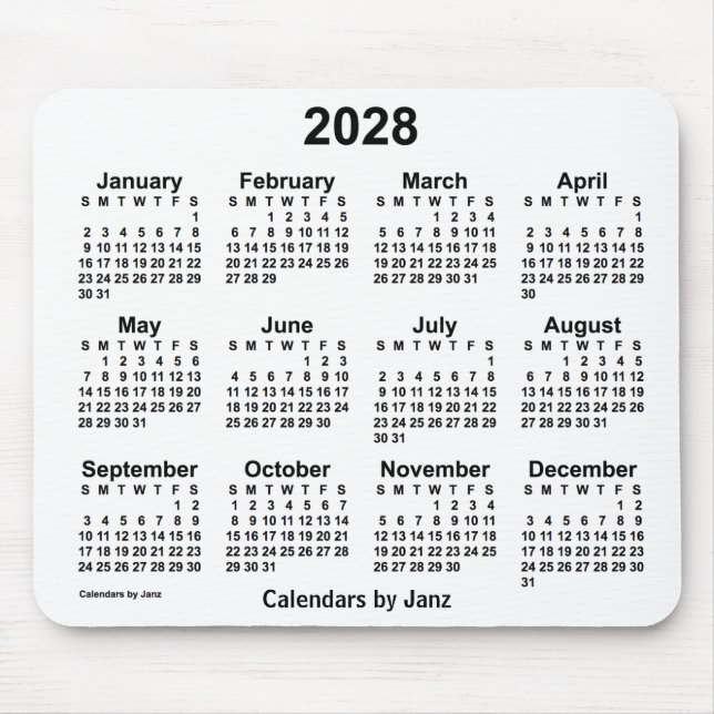 Mousepad Calendário Branco de 2028 pelo Painel do Mouse Jan (Frente)