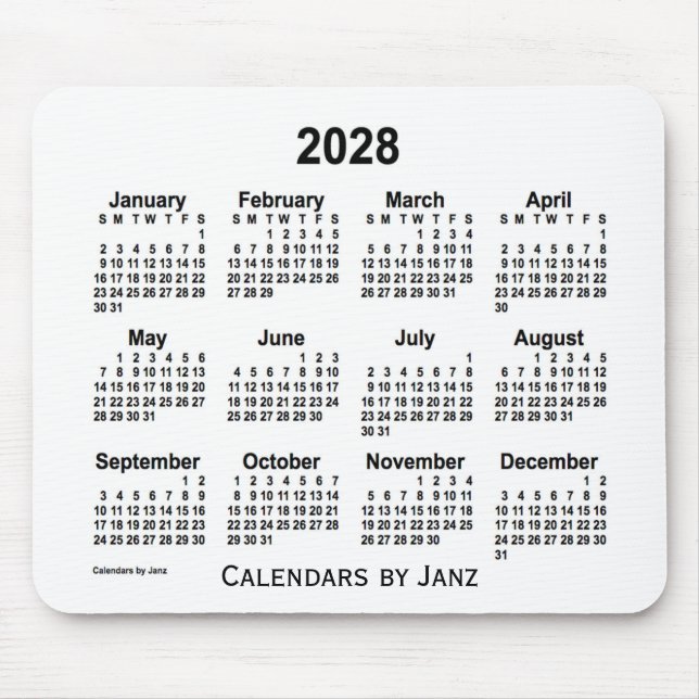 Mousepad Calendário Branco de 2028 pelo Painel do Mouse Jan (Frente)