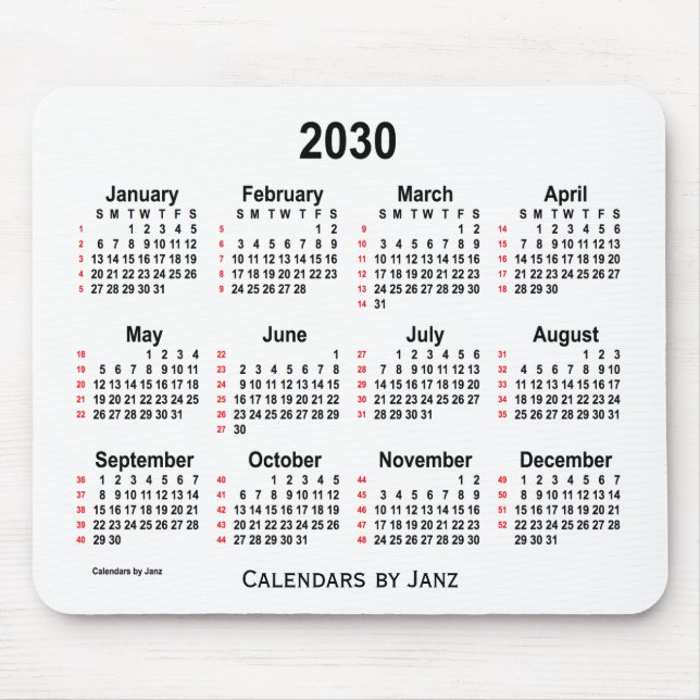Mousepad Calendário branco de 2030, de 52 semanas, por Janz (Frente)