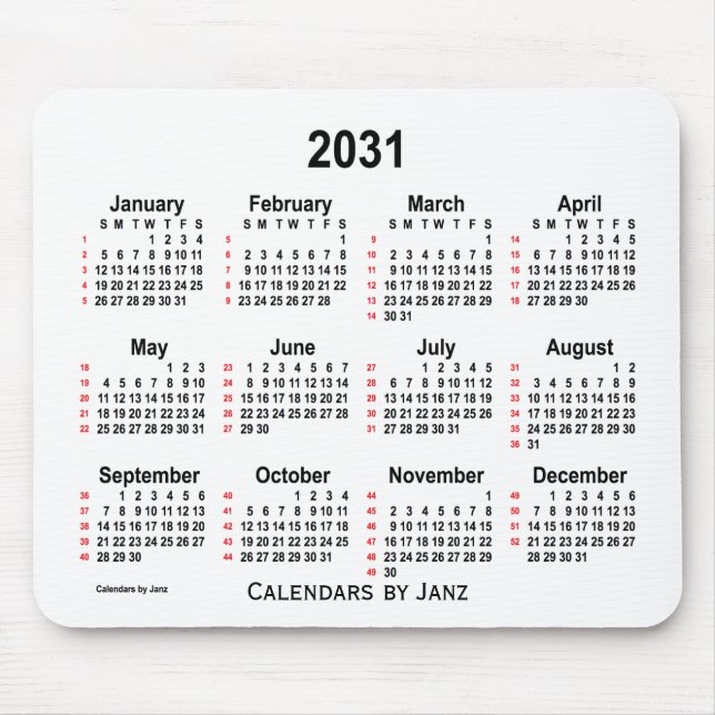 Mousepad Calendário branco de 2031, de 52 semanas, por Janz (Frente)