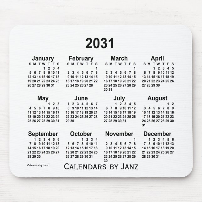 Mousepad Calendário branco de 2031 pelo Painel do mouse Jan (Frente)