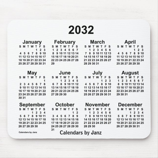 Mousepad Calendário branco de 2032 pelo Painel do mouse Jan (Frente)
