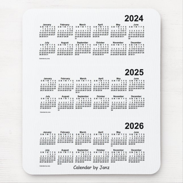 Mousepad Calendário branco de 3 anos 2024-2026 por Janz (Frente)