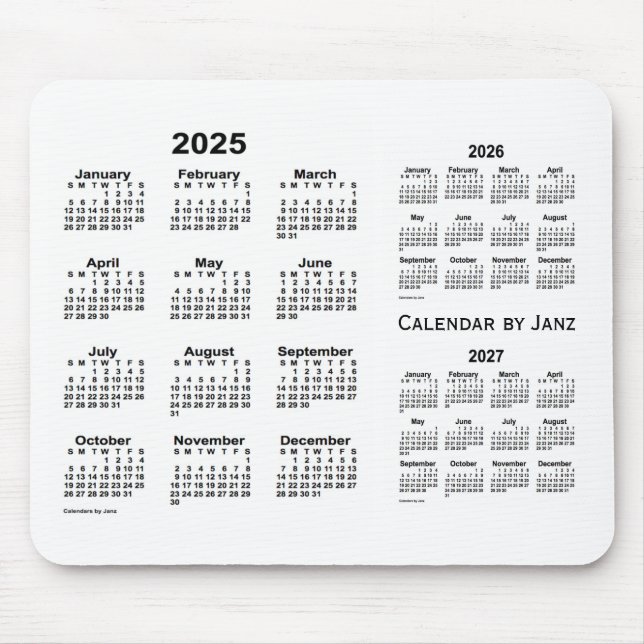 Mousepad Calendário branco de 3 anos 2025-2027 por Janz (Frente)
