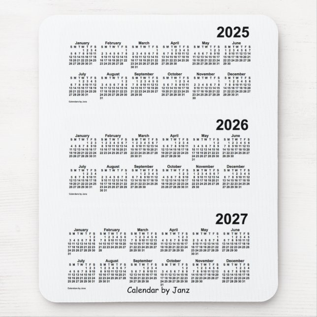 Mousepad Calendário branco de 3 anos 2025-2027 por Janz (Frente)