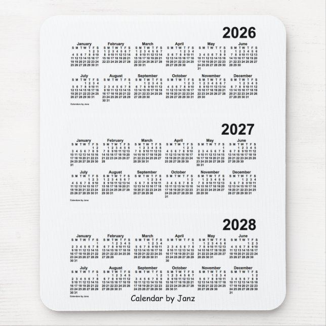 Mousepad Calendário branco de 3 anos 2026-2028 por Janz (Frente)