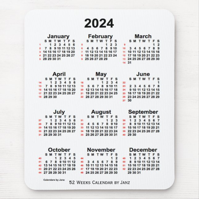 Mousepad Calendário branco de 52 semanas 2024 por Janz (Frente)
