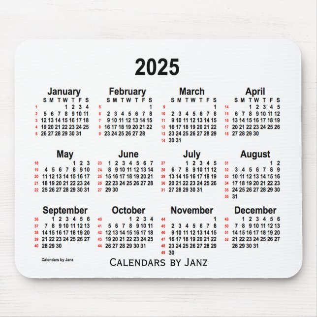 Mousepad Calendário branco de 52 semanas 2025 por Janz (Frente)