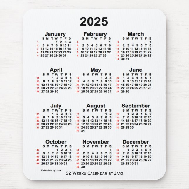 Mousepad Calendário branco de 52 semanas 2025 por Janz (Frente)