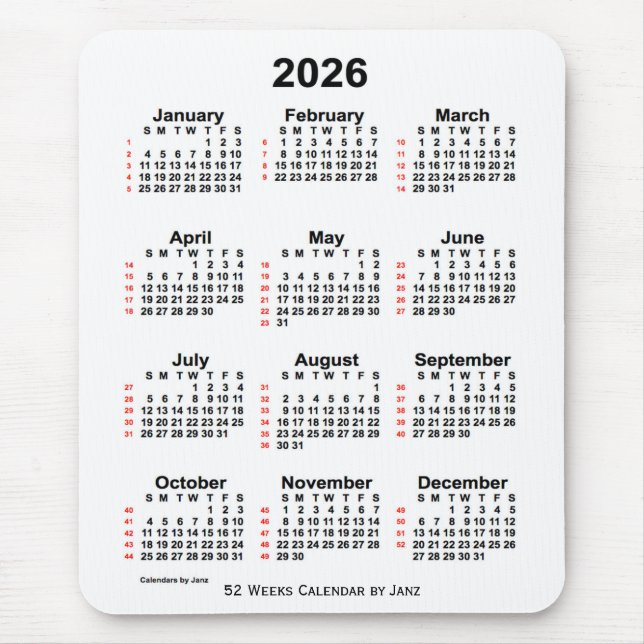 Mousepad Calendário branco de 52 semanas 2026 por Janz (Frente)