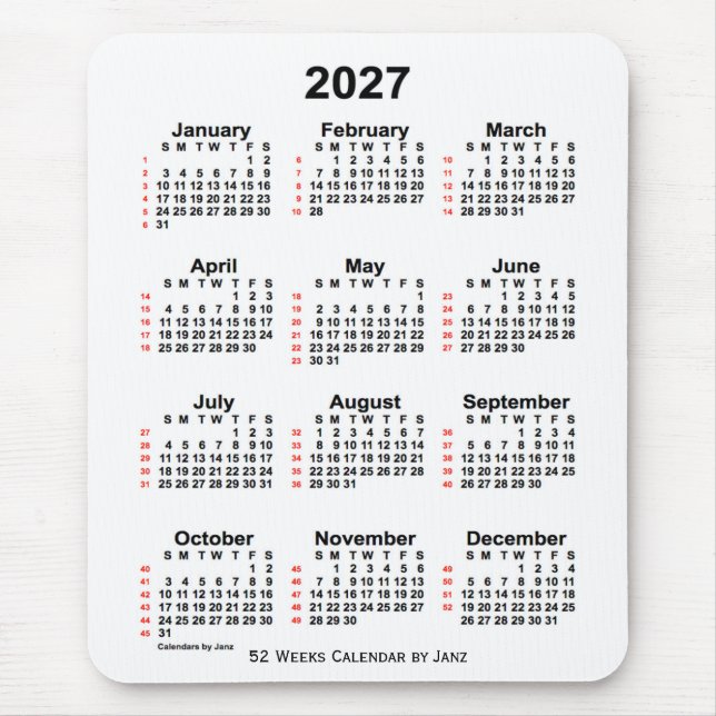 Mousepad Calendário branco de 52 semanas 2027 por Janz (Frente)