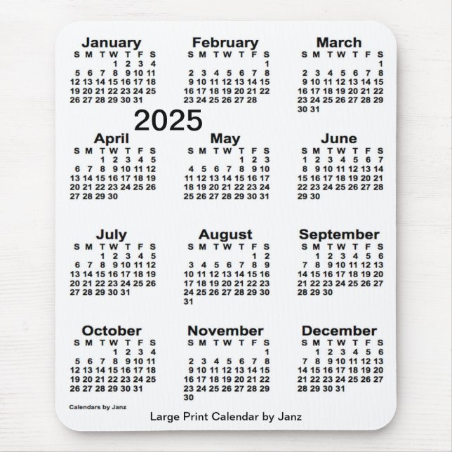 Mousepad Calendário branco de Impressão de 2025 por Janz (Frente)