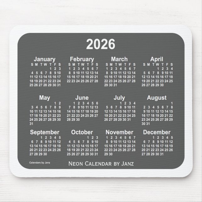 Mousepad Calendário Branco do Carvão 2026, por Janz (Frente)