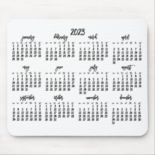 Mousepad Calendário Branco E Preto De Script Elegante 2023