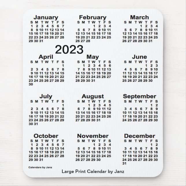 Mousepad Calendário Branco Grande Impressão de 2023 por Jan (Frente)