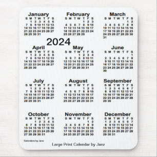 Mousepad Calendário Branco Grande Impressão de 2024 por Jan