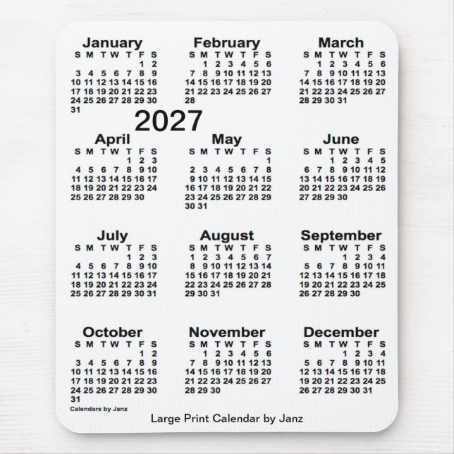 Mousepad Calendário Branco Grande Impressão de 2027 por Jan (Frente)