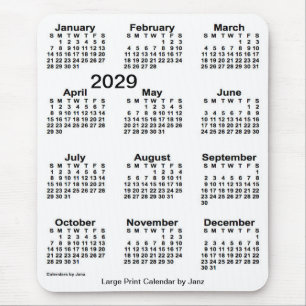 Mousepad Calendário Branco Grande Impressão de 2029 por Jan