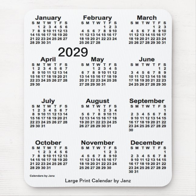 Mousepad Calendário Branco Grande Impressão de 2029 por Jan (Frente)