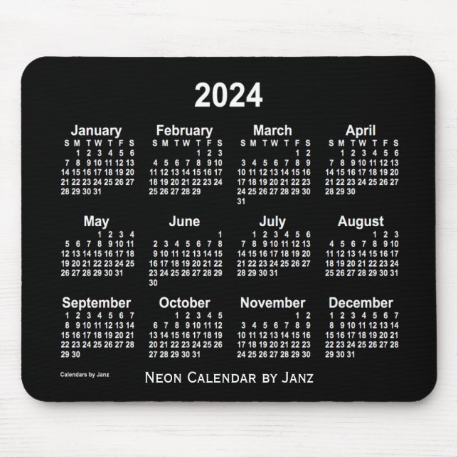 Mousepad Calendário Branco Neon 2024 por Janz (Frente)