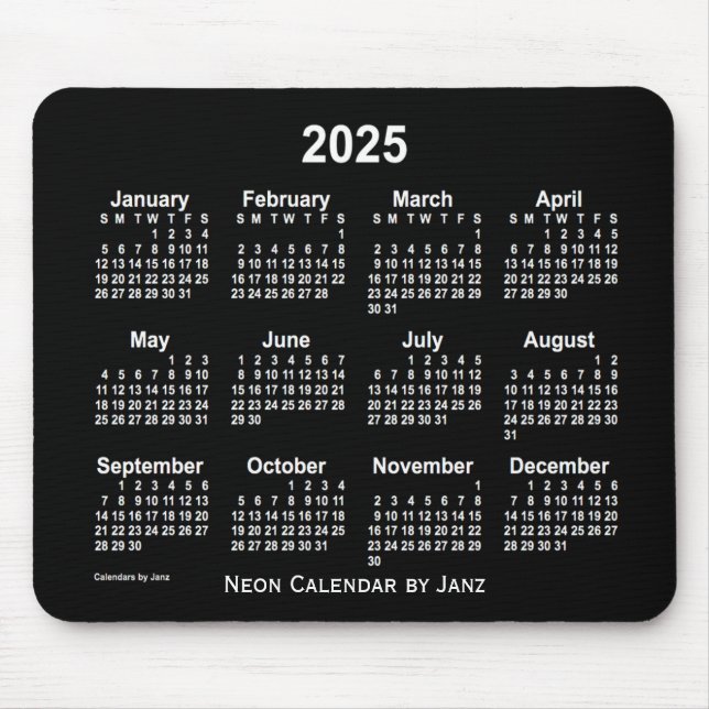 Mousepad Calendário Branco Neon 2025 por Janz (Frente)
