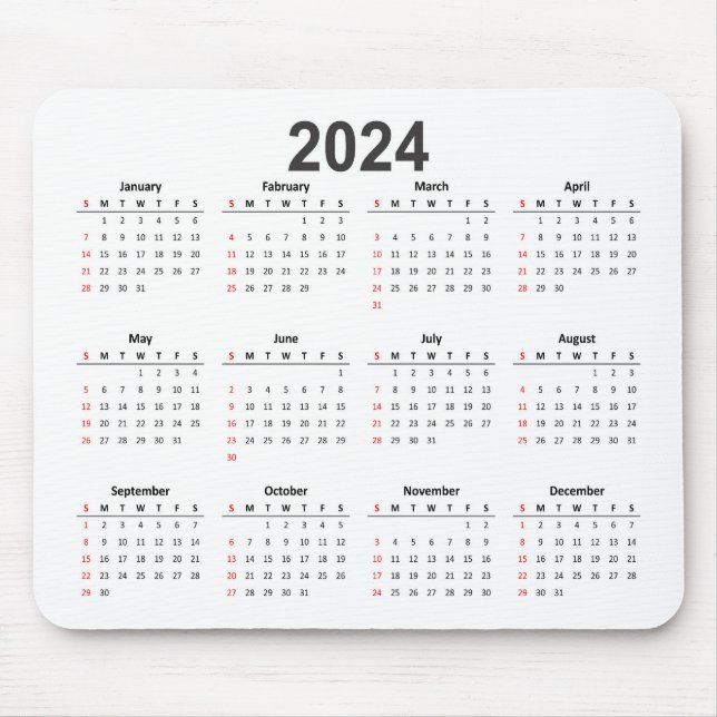 Mousepad Calendário Branco Simples 2024 (Frente)