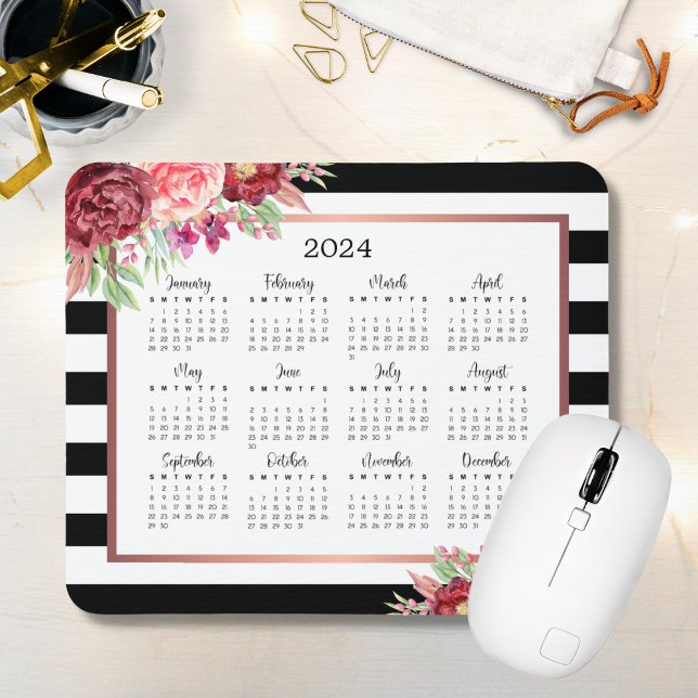 Mousepad Calendário Burgundy Floral Black Stripes 2024 (Criador carregado)