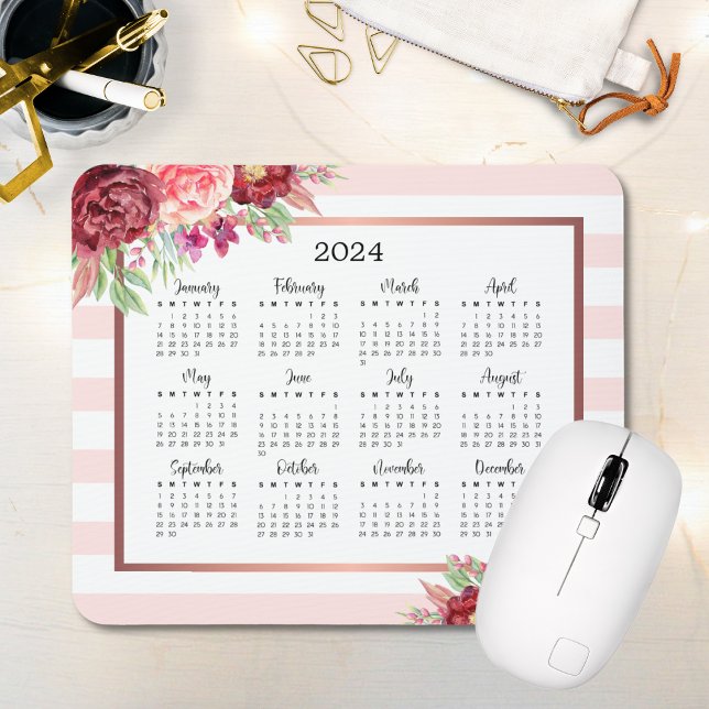 Mousepad Calendário Burgundy Floral Blush Pink Stripes 2024 (Criador carregado)