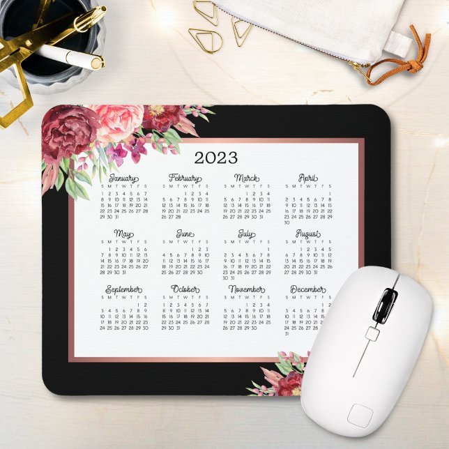 Mousepad Calendário Burgundy Rosa Floral Black 2023 (Criador carregado)
