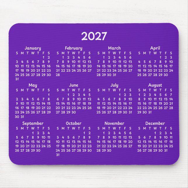 Mousepad Calendário Caprichoso Branco 2027 em Roxo (Frente)