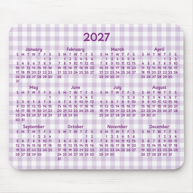 Mousepad Calendário Caprichoso de 2027 em Ginga Roxa Pálida (Frente)