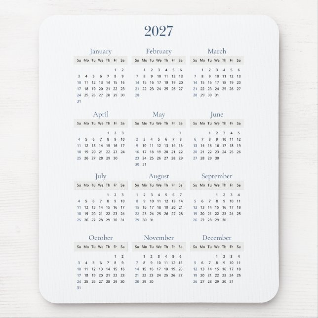 Mousepad Calendário Clássico Marinho 2027 | Qualquer cor de (Frente)