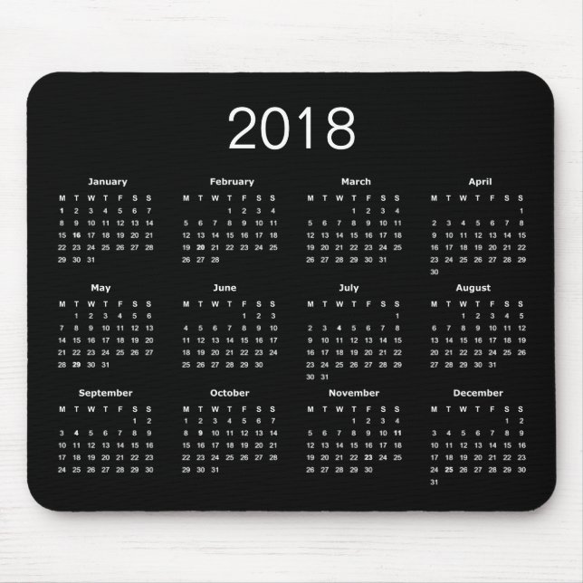 Mousepad Calendário Clássico Preto e Branco 2018 Simples (Frente)