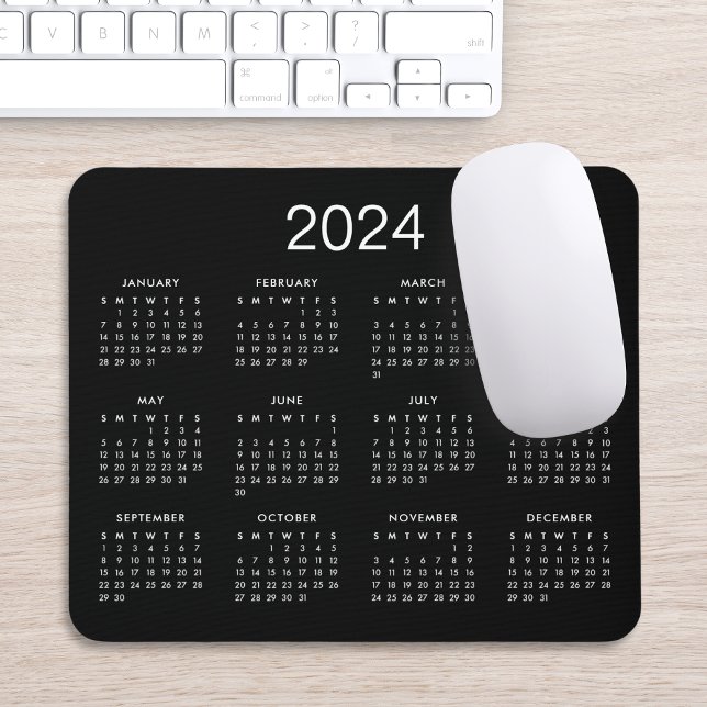 Mousepad Calendário Clássico Preto e Branco 2024 Simples (Criador carregado)