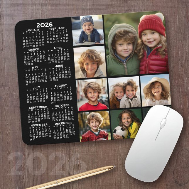 Mousepad Calendário - Colagem de 9 fotos - preto (2026 Calendar with your logo or photos - Great Business Gift or Home Office Decor)