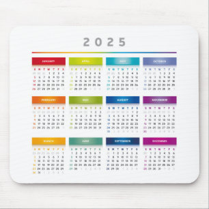 Mousepad Calendário Colorido 2025 - Cores Arco-Íris 3 Colun
