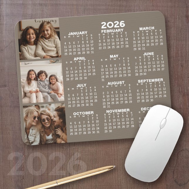 Mousepad Calendário com 3 Colagem de Fotos - taupe (2026 Calendar with your logo or photos - Great Business Gift or Home Office Decor)