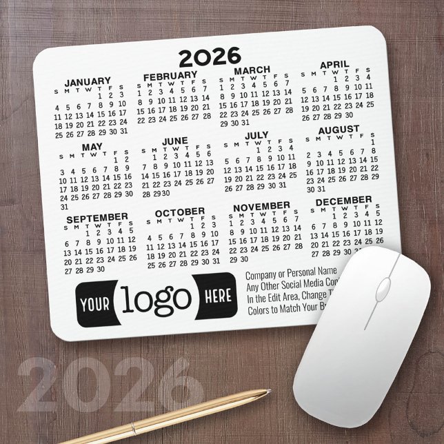 Mousepad Calendário com logotipo, Branco de Informações de  (2026 Calendar on a Mousepad)