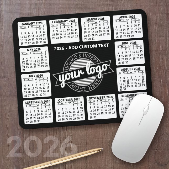 Mousepad Calendário com logotipo e texto - Preto e Branco (2026 Calendar Mousepad)