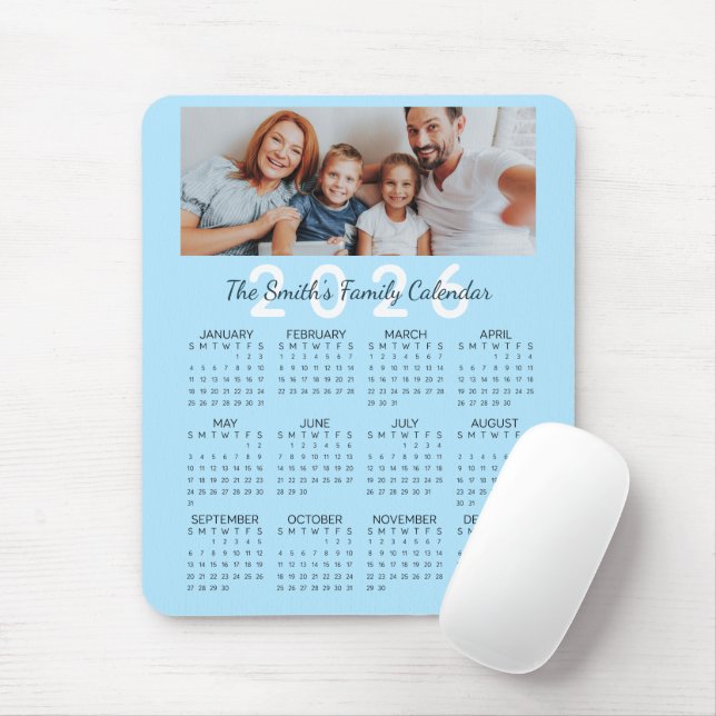 Mousepad Calendário da Família Azul de Foto Personalizado 2 (Com mouse)
