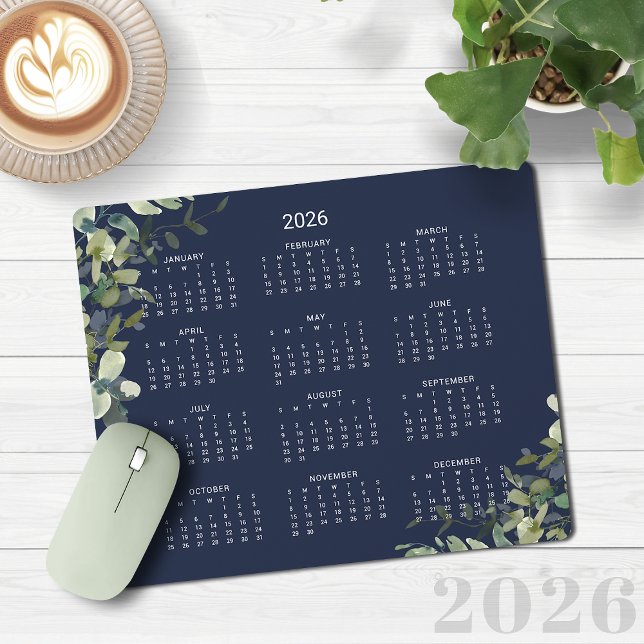 Mousepad Calendário da Mesa Eucalyptus Azul do Marinho Eleg (2026 Elegant Navy Blue Eucalyptus Desk Calendar Mouse Pad)