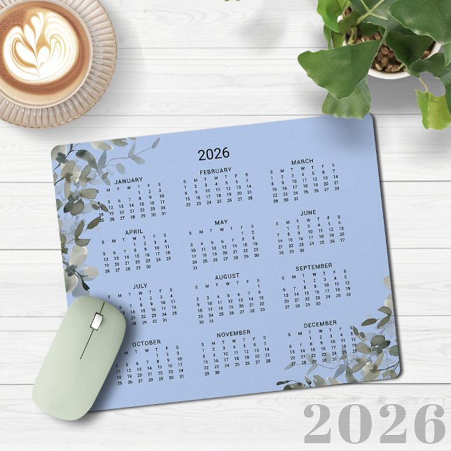 Mousepad Calendário da Mesa Eucalyptus Azul Elegante francê (2026 Elegant French Blue Eucalyptus Desk Calendar Mouse Pad)